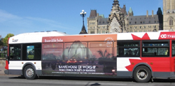 A poster of the Baha'i House of Worship in New Delhi depicted on the side of a bus in Ottawa, Canada, as part of the Indian government's global "Incredible India" campaign.